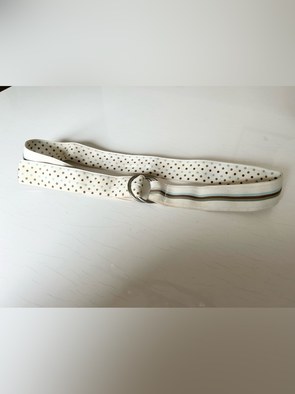 Vintage 90s Ribbon Belt Blue Brown Polka Dot Stripe D-Ring